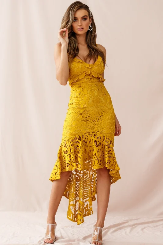 Midi dresses with cold - shoulder cutouts for a trendy style Shakeera High-Low Hem Lace Dress Mustard Midi dresses with cold - shoulder cutouts for a trendy style Shakeera High-Low Hem Lace Dress Mustard