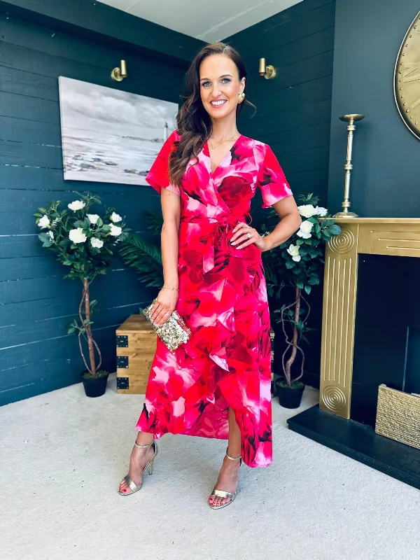 Midi dresses with asymmetric hems for a fashion - forward and dynamic appearance Farrah Frill Detail Maxi Dress Pink Floral Midi dresses with asymmetric hems for a fashion - forward and dynamic appearance Farrah Frill Detail Maxi Dress Pink Floral