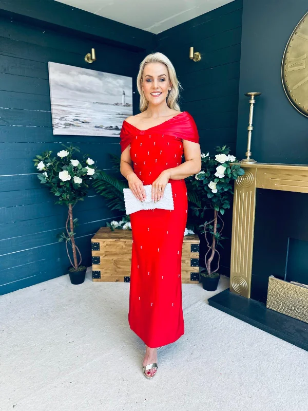 Midi dresses with sheer panels for a touch of allure Audrey Embellished Occasion Dress Red