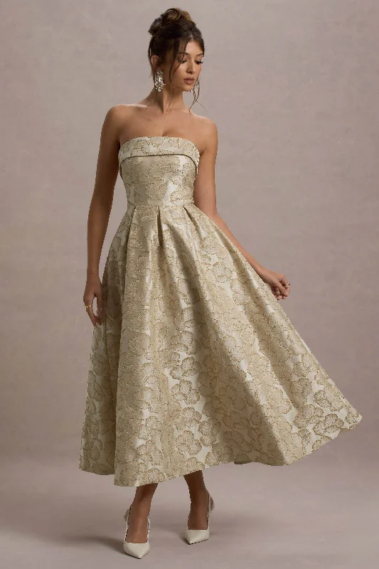 Plaid midi dresses for a fall - themed family gathering Zuma | Gold Metallic Jacquard Strapless Midi Dress Plaid midi dresses for a fall - themed family gathering Zuma | Gold Metallic Jacquard Strapless Midi Dress