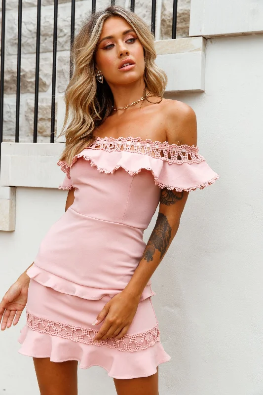 Midi dresses with animal prints for a bold and confident appearance Maddie Off-Shoulder Lace Embroidery Dress Blush Midi dresses with animal prints for a bold and confident appearance Maddie Off-Shoulder Lace Embroidery Dress Blush