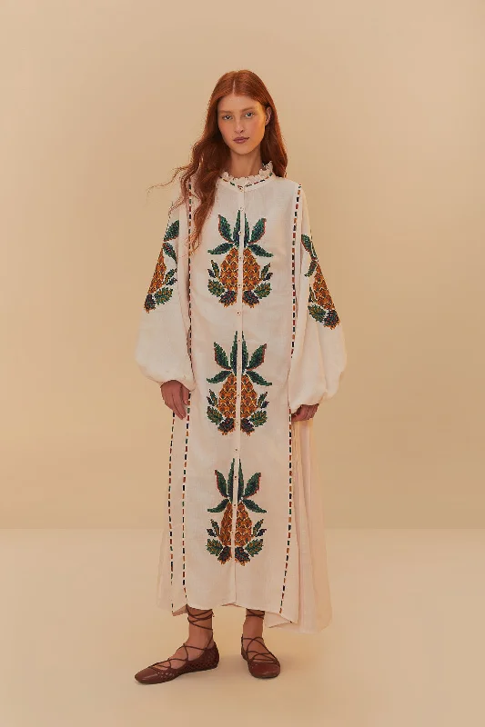 Midi dresses with tassel accents for a bohemian and free - spirited style Light Pink Cross Stitch Pineapple Embroidered Midi Dress Midi dresses with tassel accents for a bohemian and free - spirited style Light Pink Cross Stitch Pineapple Embroidered Midi Dress