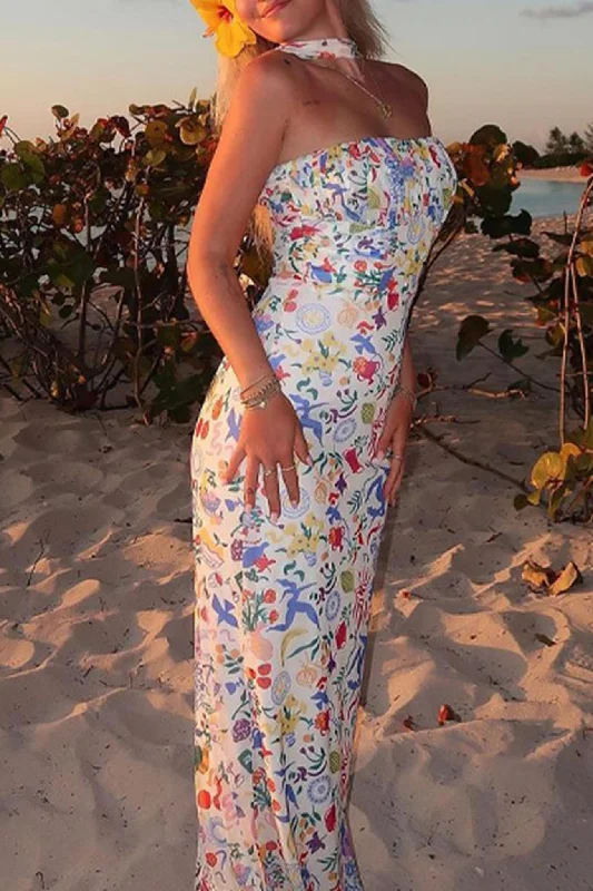 Midi dresses with pom - pom trims for a playful and festive look Multicolor Print Halter Backless Dress Midi dresses with pom - pom trims for a playful and festive look Multicolor Print Halter Backless Dress