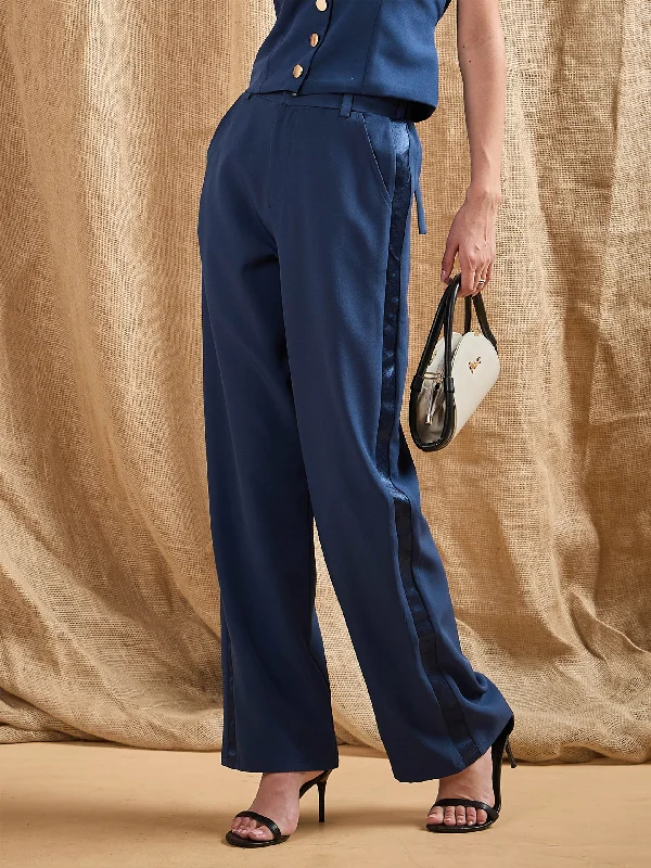 Straight - Leg Women's Vegan Leather Pants for a Chic LookWomen Airforce Blue Straight Fit Side Tape Pants Straight - Leg Women's Vegan Leather Pants for a Chic LookWomen Airforce Blue Straight Fit Side Tape Pants