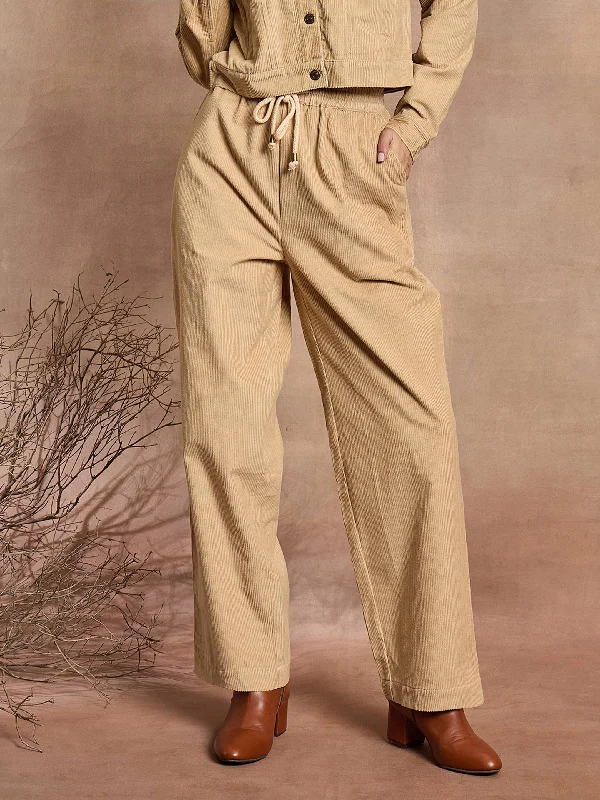 Women Beige Corduroy Straight Pants