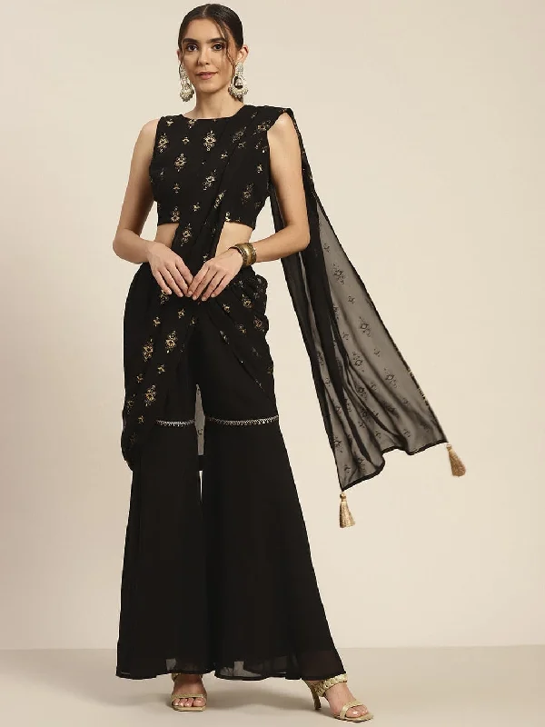 Wide - Leg Women's Chiffon Palazzo Pants for a Flowy AppealWomen Black Sharara Pants With Attached Pallu