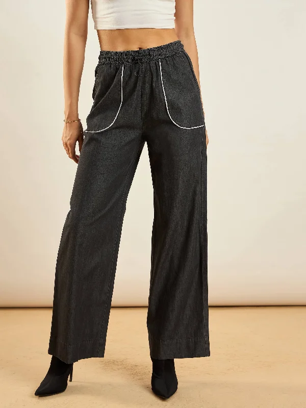 Plus Size Women's Pleated Front Dress Pants for Office WearWomen Black Tencel Contrast Piping Detail Pants