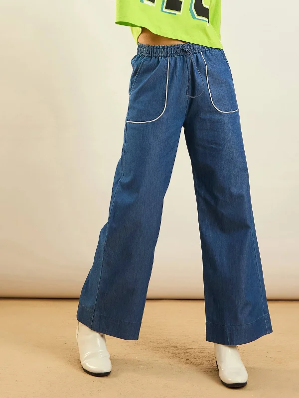 Bell - Bottom Style Women's Denim Pants with Embroidered DetailsWomen Blue Tencel Contrast Piping Detail Pants
