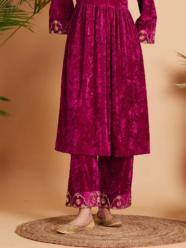 Women's Straight - Leg Linen Pants for a Breezy Summer LookWomen Fuchsia Velvet Embroidered Straight Pants Women's Straight - Leg Linen Pants for a Breezy Summer LookWomen Fuchsia Velvet Embroidered Straight Pants