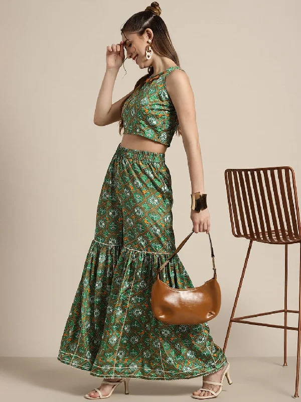 Flare Leg Women's Satin Trousers for a Glamorous Night OutWomen Green Patola Sharara Pants Flare Leg Women's Satin Trousers for a Glamorous Night OutWomen Green Patola Sharara Pants
