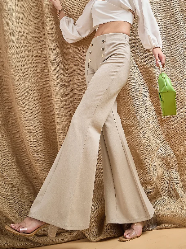 Plus Size Women's Elastic - Waist Culottes in Earth TonesWomen Light Beige Front Button Flared Bell Bottom Pants Plus Size Women's Elastic - Waist Culottes in Earth TonesWomen Light Beige Front Button Flared Bell Bottom Pants