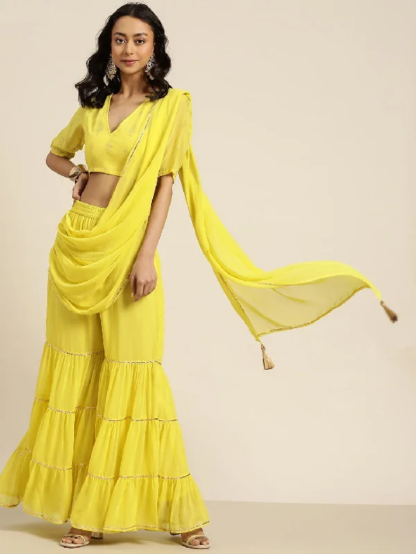 Cropped Women's Corduroy Pants in Autumn ColorsWomen Lime Green Tiered Palazzo With Attached Pallu