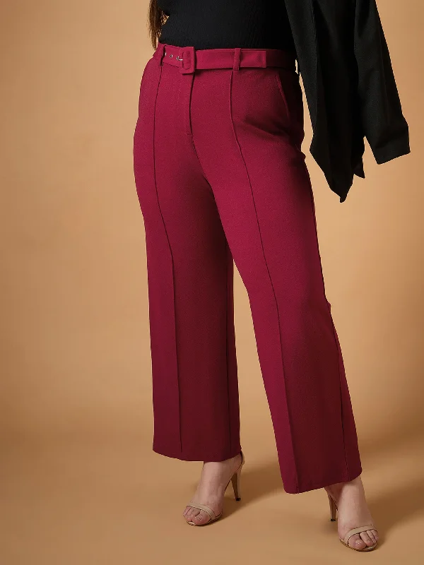 Women Maroon Belt Detail Straight Pants