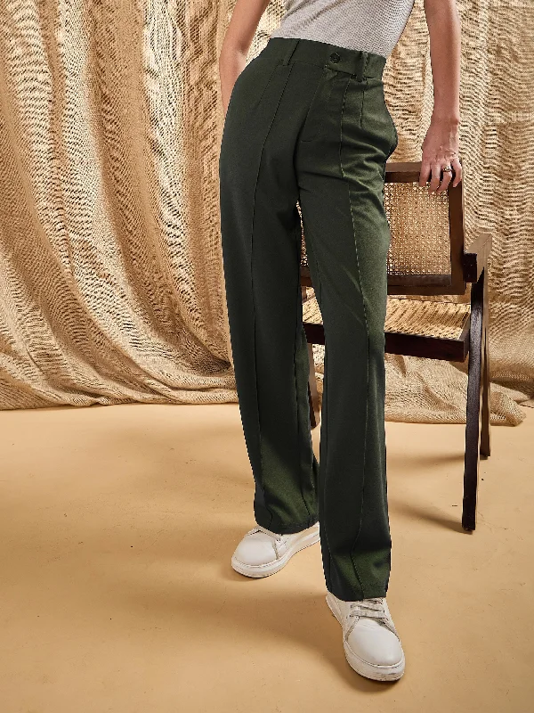 Women's Straight - Leg Linen Pants for a Breezy Summer LookWomen Olive Front Darted Strechable Pants
