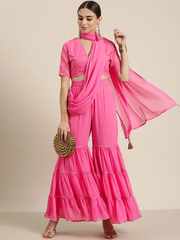 Straight - Leg Women's Vegan Leather Pants for a Chic LookWomen Pink Tiered Palazzo With Attached Pallu
