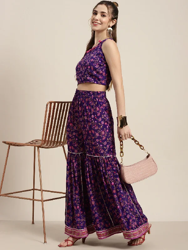 Plus Size Women's Elastic - Waist Culottes in Earth TonesWomen Purple Floral Sharara Pants Plus Size Women's Elastic - Waist Culottes in Earth TonesWomen Purple Floral Sharara Pants