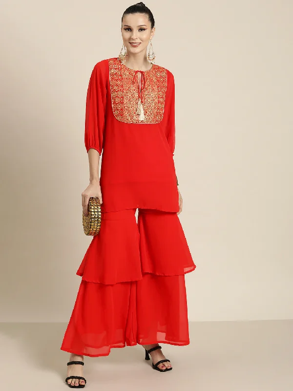 Plus Size Women's Elastic - Waist Culottes in Earth TonesWomen Red Layered Sharara Pants