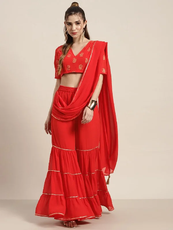 Ankle - Length Women's Printed Joggers for TravelingWomen Red Tiered Palazzo With Attached Pallu