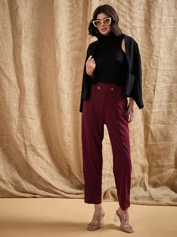 Tapered Leg Women's Wool Blend Trousers for WinterWomen Red Waist Button Pants