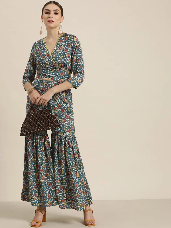 Plus Size Women's Drawstring - Waist Loungewear Pants in Soft FabricsWomen Teal Floral Gathered Sharara Pants Plus Size Women's Drawstring - Waist Loungewear Pants in Soft FabricsWomen Teal Floral Gathered Sharara Pants