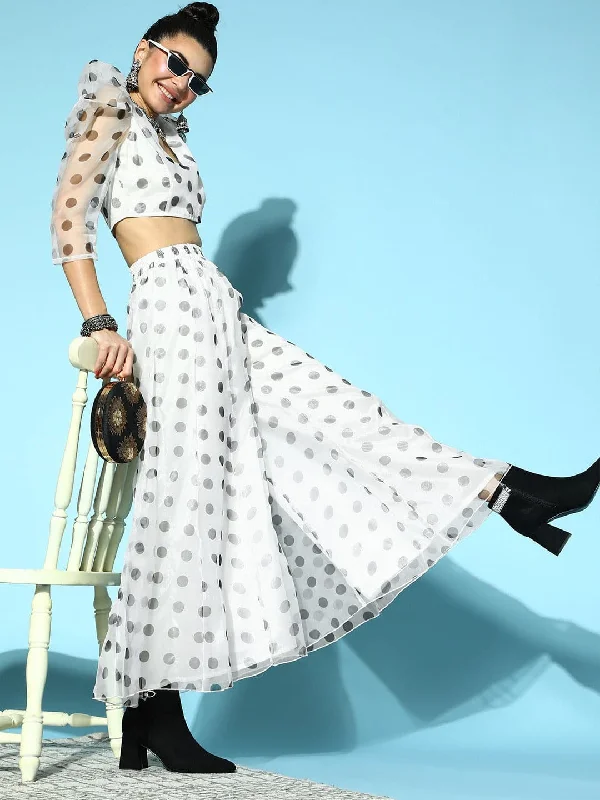 Plus Size Women's High - Waisted Bootcut Jeans in Distressed StyleWomen White & Black Polka Dot Kali Palazzo Pants