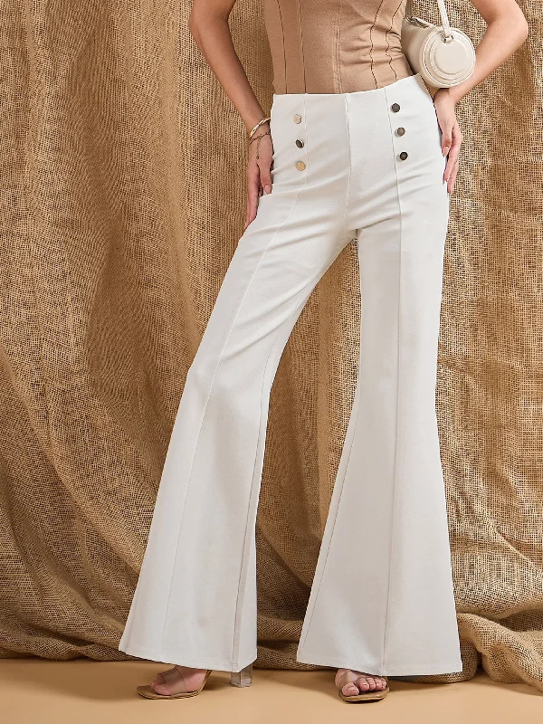 Plus Size Women's Drawstring - Waist Loungewear Pants in Soft FabricsWomen White Front Button Flared Bell Bottom Pants Plus Size Women's Drawstring - Waist Loungewear Pants in Soft FabricsWomen White Front Button Flared Bell Bottom Pants