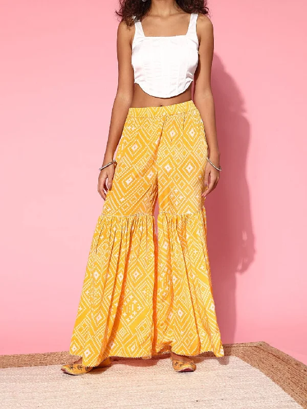 Ankle - Length Women's Printed Joggers for TravelingWomen Yellow Tie & Dye Frilly Sharara Ankle - Length Women's Printed Joggers for TravelingWomen Yellow Tie & Dye Frilly Sharara