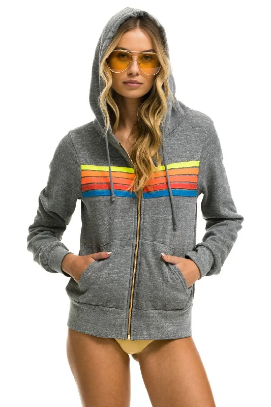Women's hoodie with a detachable hood for customizable styling5 STRIPE HOODIE - HEATHER GREY // NEON RAINBOW Women's hoodie with a detachable hood for customizable styling5 STRIPE HOODIE - HEATHER GREY // NEON RAINBOW