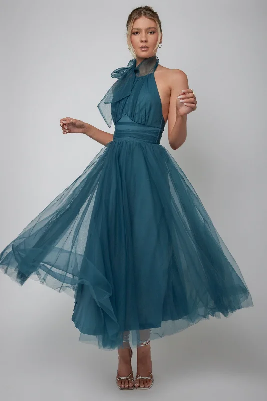 Sleeveless Women Dress in Bright Colors for Summer PartiesAndria Halterneck Tulle Midi Dress Teal Sleeveless Women Dress in Bright Colors for Summer PartiesAndria Halterneck Tulle Midi Dress Teal