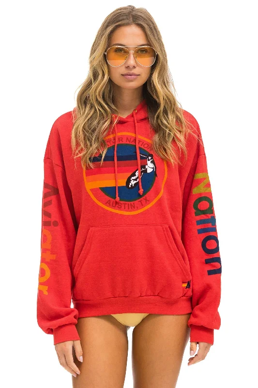Women's fleece - lined hoodie with thumbholes for warmth in winterAVIATOR NATION AUSTIN RELAXED PULLOVER HOODIE - RED Women's fleece - lined hoodie with thumbholes for warmth in winterAVIATOR NATION AUSTIN RELAXED PULLOVER HOODIE - RED