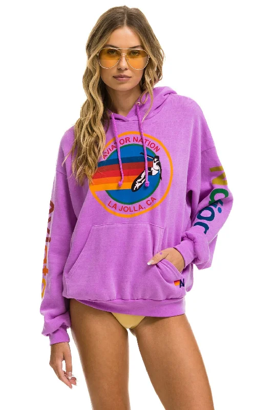 Women's zip - front sweatshirt with contrast stitching for a sporty aestheticAVIATOR NATION LA JOLLA RELAXED PULLOVER HOODIE - NEON PURPLE Women's zip - front sweatshirt with contrast stitching for a sporty aestheticAVIATOR NATION LA JOLLA RELAXED PULLOVER HOODIE - NEON PURPLE