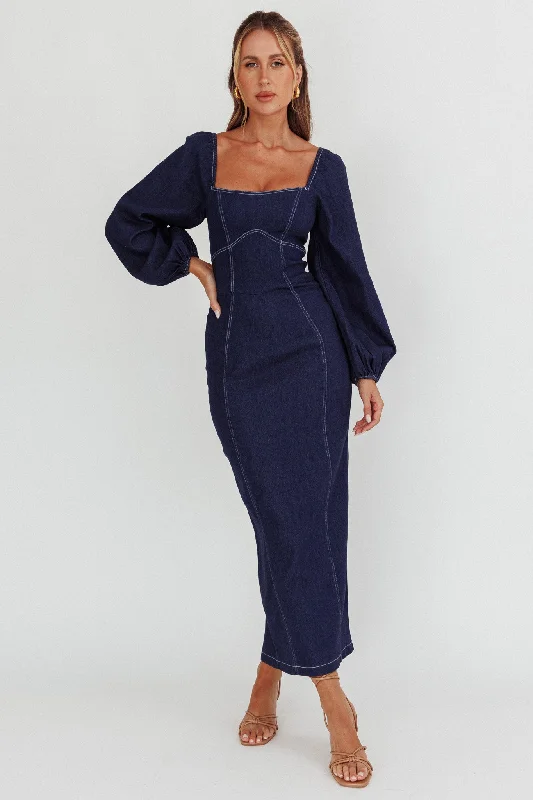 Ruffled Women Dress with Multiple Layers for a Playful and Girly StyleBay Side Long Sleeve Denim Midi Dress Indigo Ruffled Women Dress with Multiple Layers for a Playful and Girly StyleBay Side Long Sleeve Denim Midi Dress Indigo