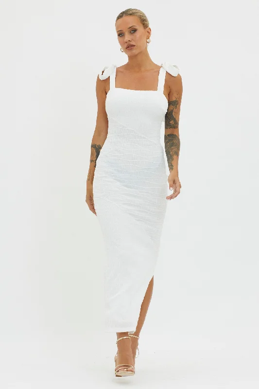 Ball Gown Women Dress with a Full Skirt for a Princess - like LookBindi Puckered Tied Strap Dress White Ball Gown Women Dress with a Full Skirt for a Princess - like LookBindi Puckered Tied Strap Dress White