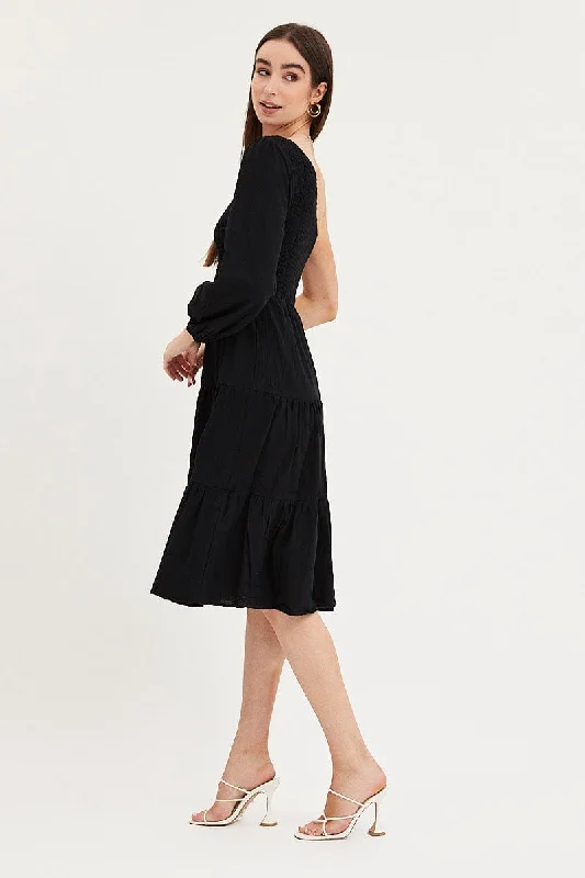 Lace - Embellished Women Dress for an Elegant and Sophisticated AppearanceBlack Dress One Shoulder Midi Lace - Embellished Women Dress for an Elegant and Sophisticated AppearanceBlack Dress One Shoulder Midi