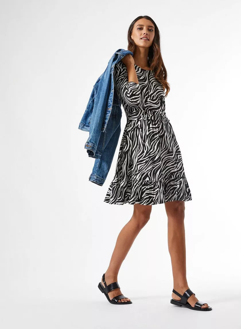 Black Zebra Print Ruched Waist Dress