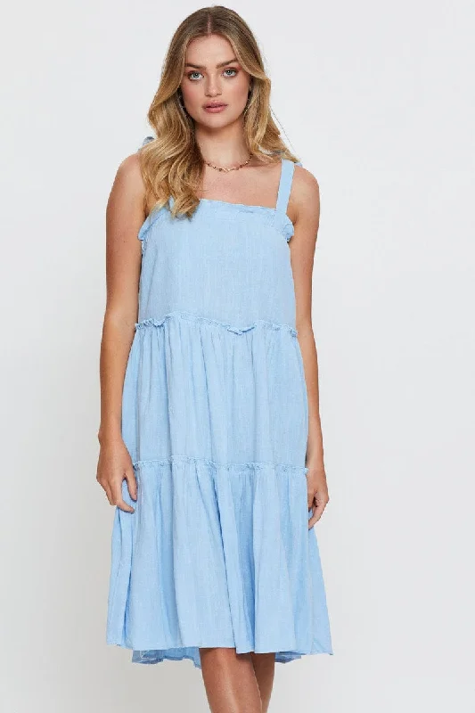 Blue Midi Dress Sleeveless Tie Shoulder