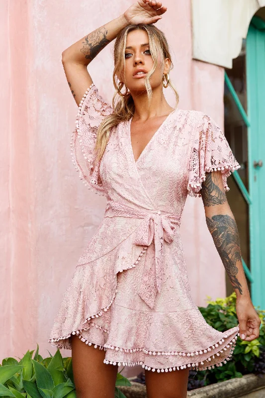 Cami Angel Sleeve Faux Wrap Dress Lace Blush