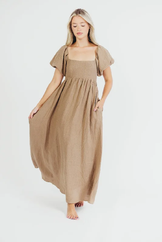 Maxi Women Dress with Floral Print for a Bohemian VibeCandace Maxi Dress in Mocha - 100% Linen - Bump Friendly