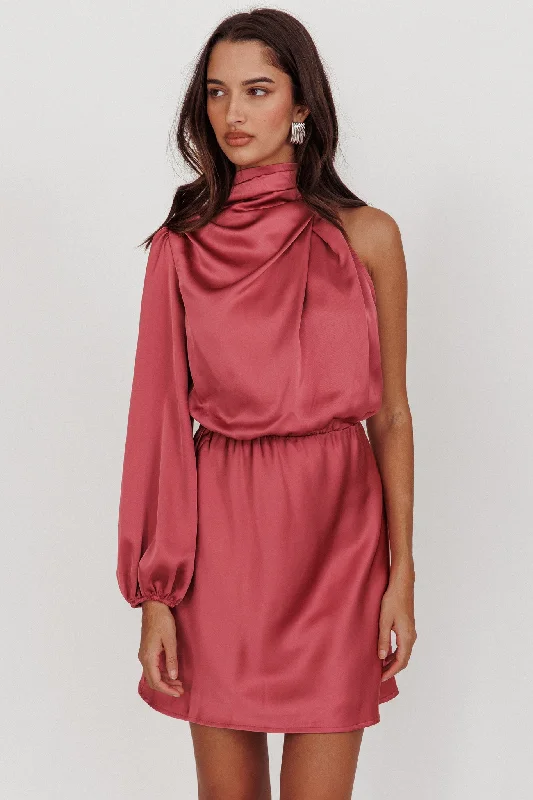 Can't Compete One Sleeve Satin Mini Dress Dusty Pink