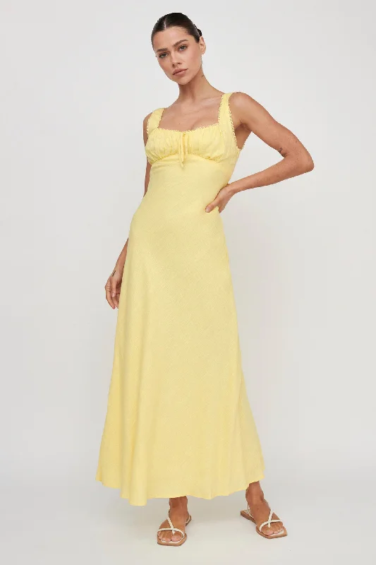 Empire Waist Women Dress to Accentuate the Bust and Conceal the WaistCarlee Gathered Bust Maxi Dress Yellow Empire Waist Women Dress to Accentuate the Bust and Conceal the WaistCarlee Gathered Bust Maxi Dress Yellow