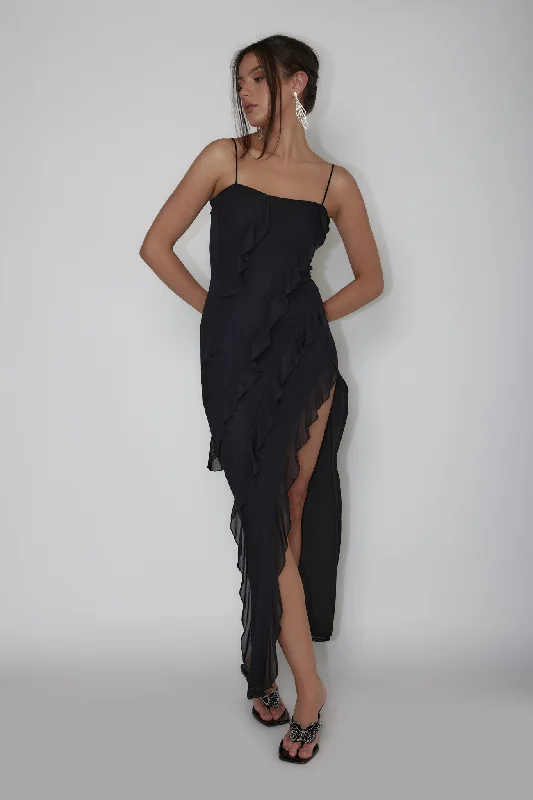 Long - Sleeve Women Dress in Velvet for a Luxurious Winter LookCatriona Split Ruffle Midi Dress Black Long - Sleeve Women Dress in Velvet for a Luxurious Winter LookCatriona Split Ruffle Midi Dress Black