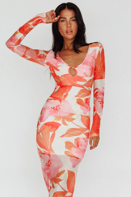 Plus Size Women Dress with a Flattering A - Line Cut for Comfort and StyleChardae Long Sleeve Mesh Midi Dress Floral Pink Plus Size Women Dress with a Flattering A - Line Cut for Comfort and StyleChardae Long Sleeve Mesh Midi Dress Floral Pink