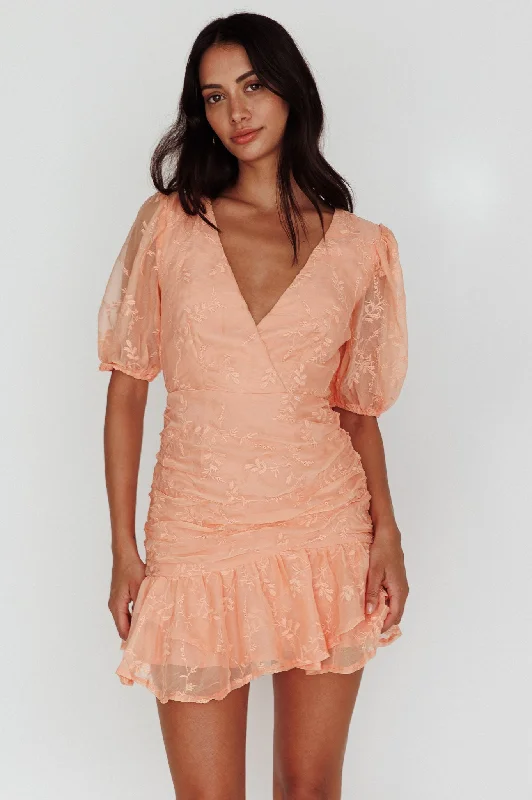 Wrap - Style Women Dress with Adjustable Fit for All Body TypesCherry Blossom Puff Sleeve Wide Ruffle Hem Dress Orange Wrap - Style Women Dress with Adjustable Fit for All Body TypesCherry Blossom Puff Sleeve Wide Ruffle Hem Dress Orange