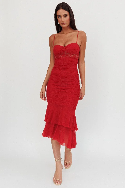 Lace - Embellished Women Dress for an Elegant and Sophisticated AppearanceCherubim Lace Insert Ruched Midi Dress Red Lace - Embellished Women Dress for an Elegant and Sophisticated AppearanceCherubim Lace Insert Ruched Midi Dress Red