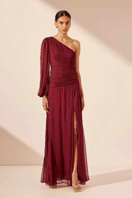 Plus Size Women Dress with a Flattering A - Line Cut for Comfort and StyleCLAUDE ONE SHOULDER SIDE SPLIT MAXI DRESS - SANGRIA