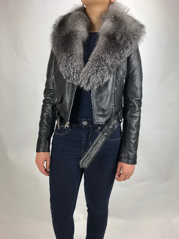 Women's shearling - lined suede jackets for ultimate warmth and luxuryWomen's Classic Biker Black With Fox Collar [Slim Fit]