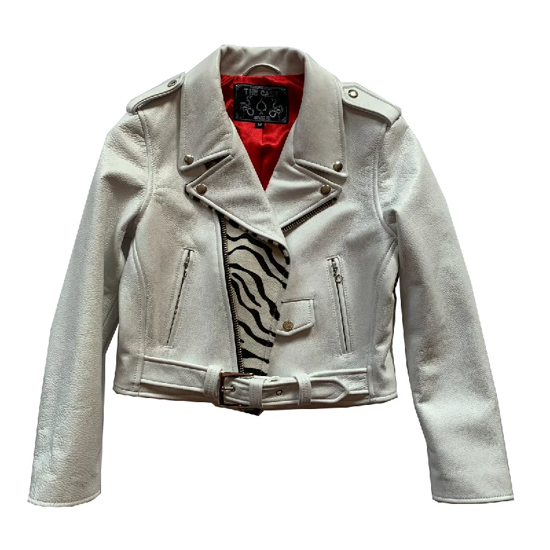 Women's windbreaker jackets with adjustable hoods for windy daysCROPPED BOWERY JACKET (WHITE w/ZEBRA HAIR ON HIDE) Women's windbreaker jackets with adjustable hoods for windy daysCROPPED BOWERY JACKET (WHITE w/ZEBRA HAIR ON HIDE)