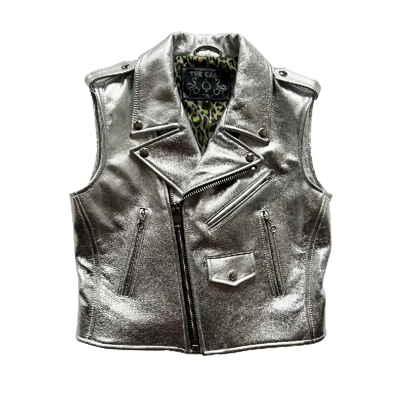 Women's denim jackets with a patchwork design for a bohemian and artsy styleCROPPED BOWERY VEST - Metallic Silver Women's denim jackets with a patchwork design for a bohemian and artsy styleCROPPED BOWERY VEST - Metallic Silver