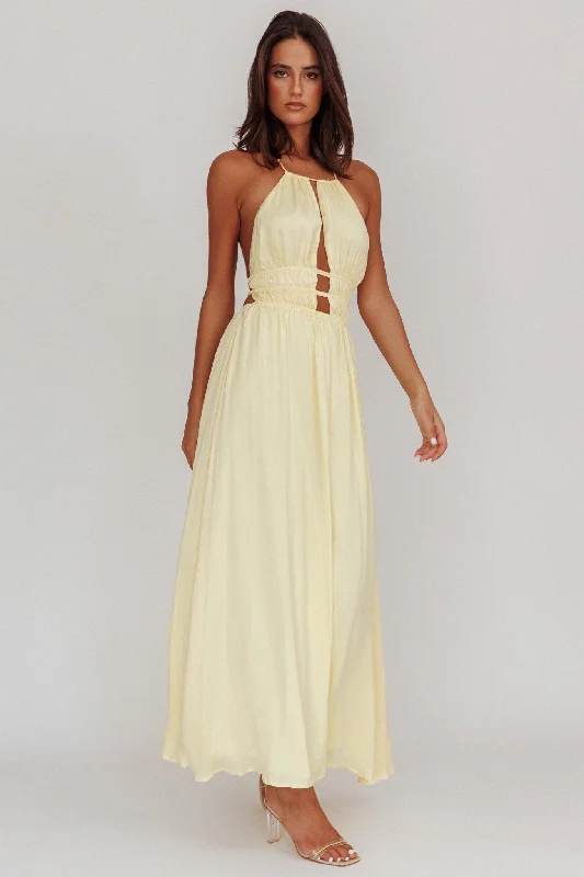 Plus Size Women Dress with a Flattering A - Line Cut for Comfort and StyleCyndi Open Back Halterneck Maxi Dress Light Yellow Plus Size Women Dress with a Flattering A - Line Cut for Comfort and StyleCyndi Open Back Halterneck Maxi Dress Light Yellow