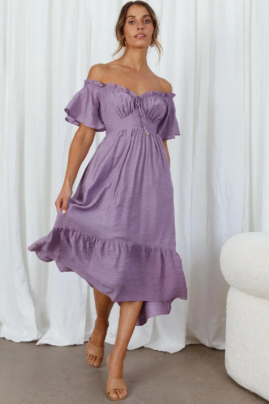 Empire Waist Women Dress to Accentuate the Bust and Conceal the WaistDandelion Off-Shoulder Tied Back Midi Dress Purple Empire Waist Women Dress to Accentuate the Bust and Conceal the WaistDandelion Off-Shoulder Tied Back Midi Dress Purple